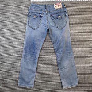 True Religion Jeans Mens 32x30 Blue Slim Flap Straight Stretch Light Wash Denim